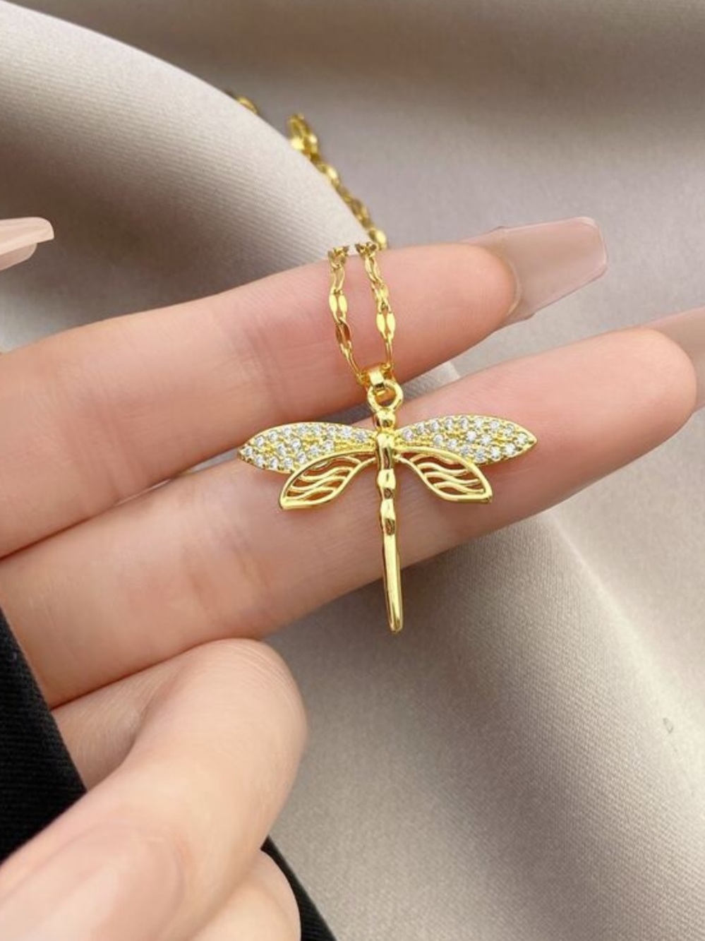 Gold Dragonfly Pendant Necklace - Elegant Women's Jewelry